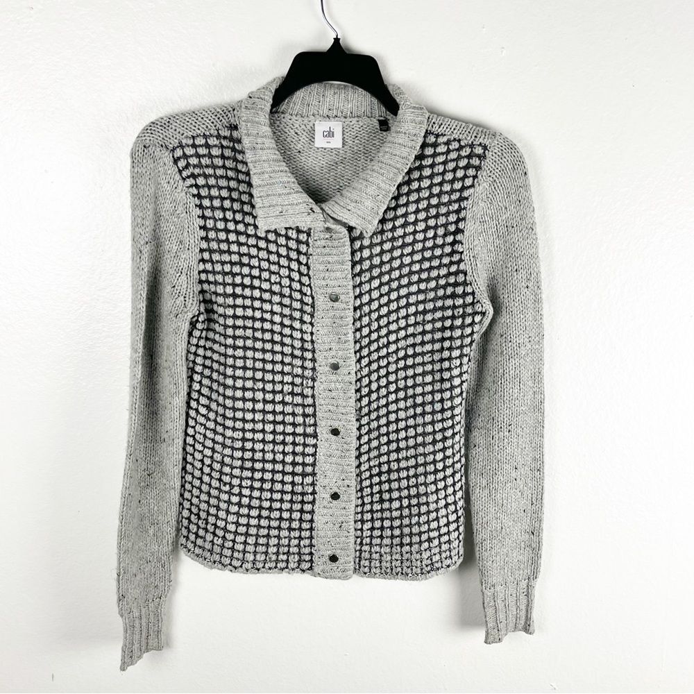 CABI Marled Gray Square Stitch Gold Buttons Snap Closure Long Sleeves Cardigan